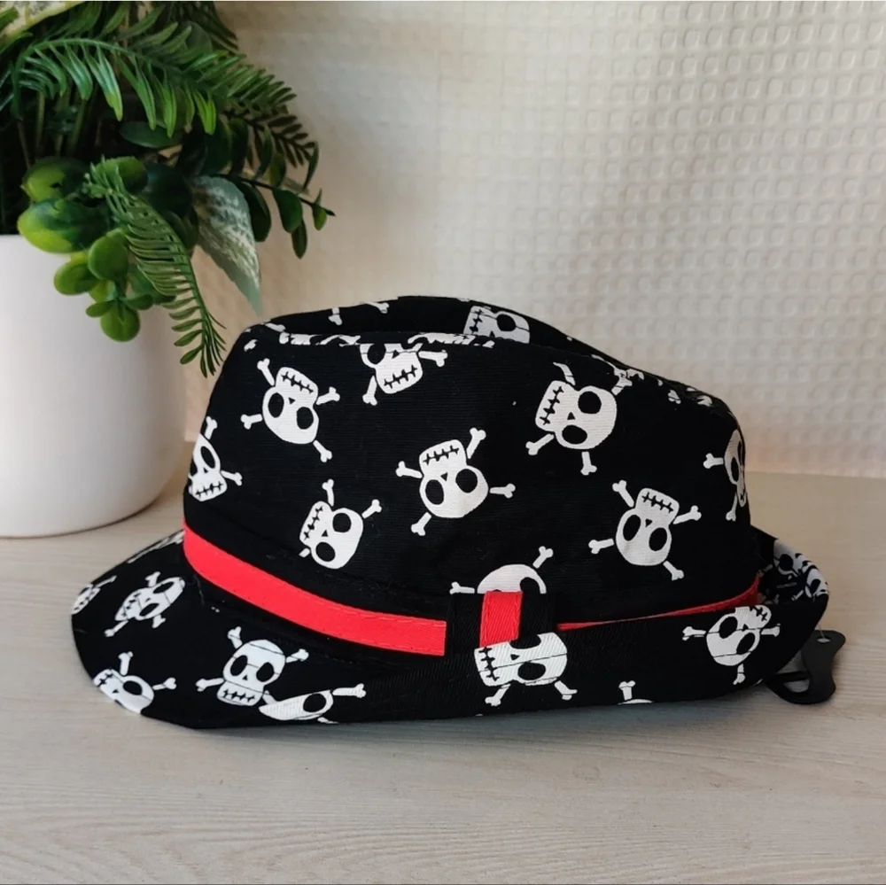 Infant Fedora, Black-White Skulls & Crossbones Allover Print w/Red Band